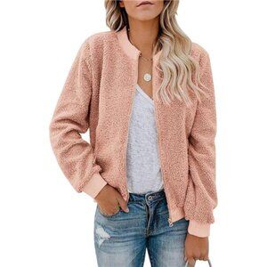 Women Fleece Jacket Winter Bomber LongSleeve Faux Sherpa Fuzzy Casual ZipUp Coat